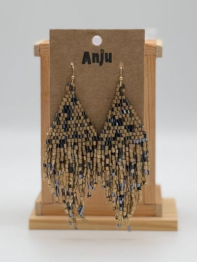 Seedbead Earrings by Anju - Seedbead Fringe - Brass + Black