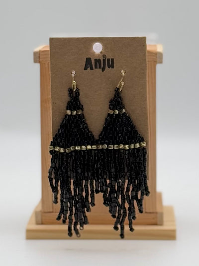 Seedbead Earrings by Anju - Seedbead Fringe - Lush Onxy