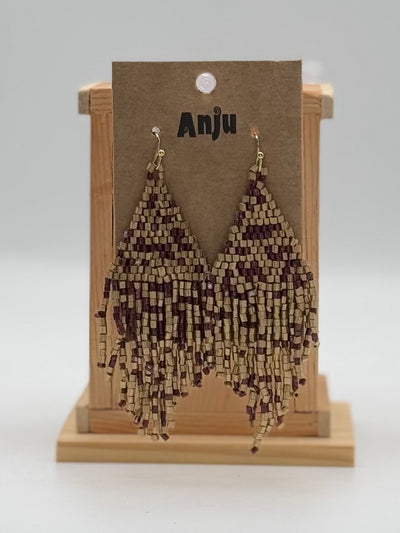 Seedbead Earrings by Anju - Seedbead Fringe - Brass + Red