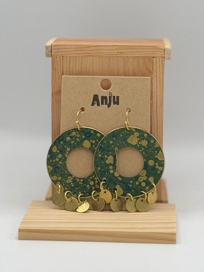 Brass Patina Collection by Anju - Earrings - Splattered Dark Green Circles With Dangles