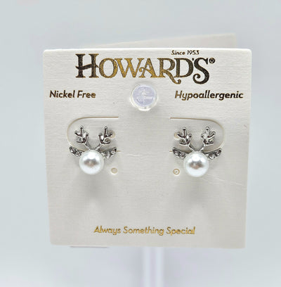 Holiday Jewelry Collection - Earrings / Reindeer Pearl Silver Stud