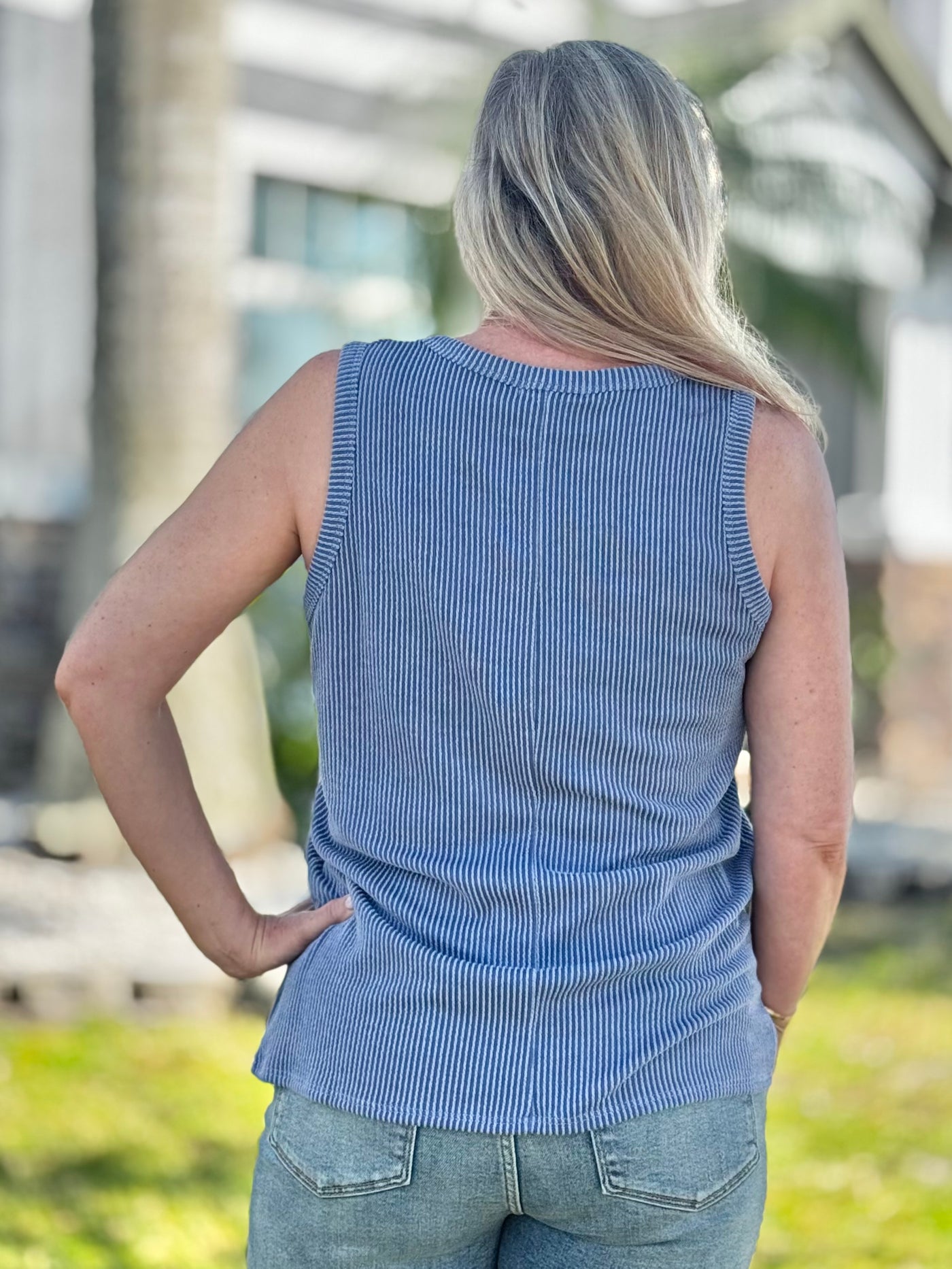 Radiantly Ribbed V-Neck Tank - Indigo