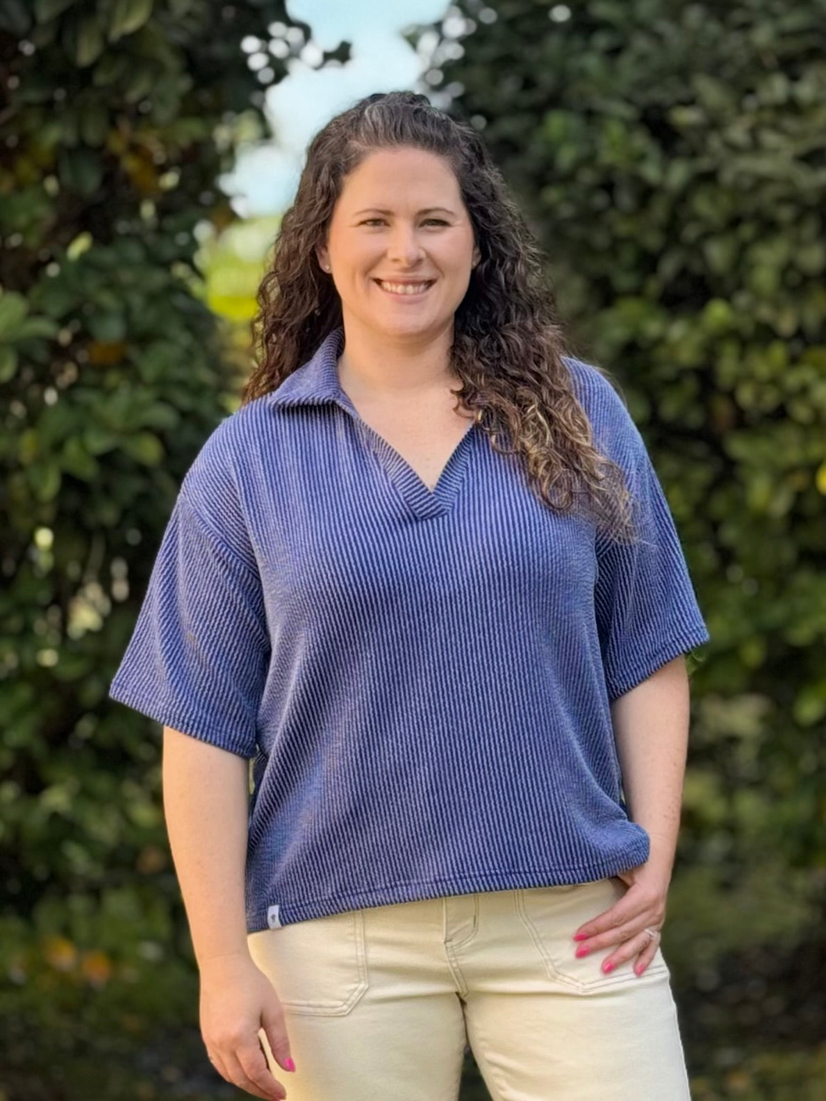 Radiantly Ribbed Collared Tee By Simply Southern - Navy