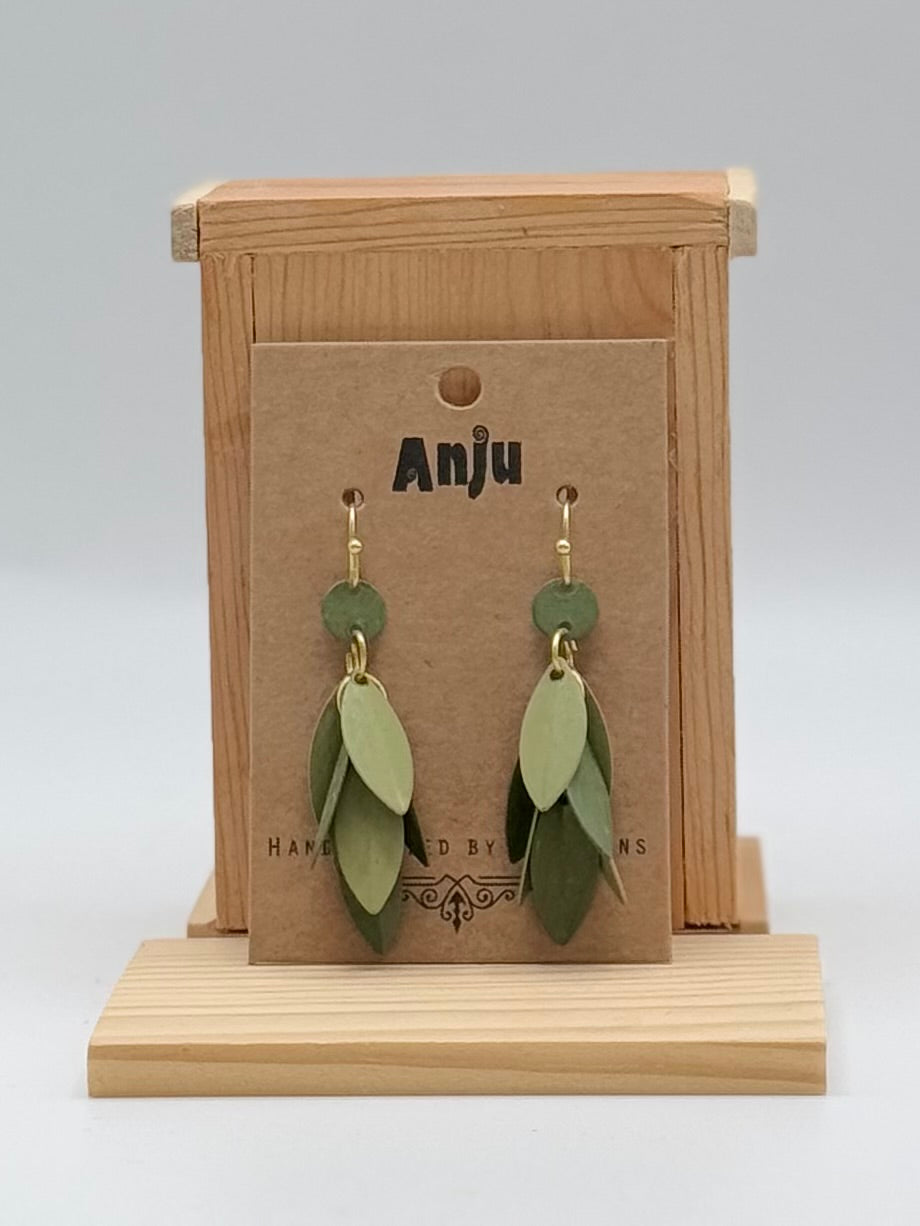 Brass Patina Collection by Anju - Earrings -Green Layered Teardrop Leaves