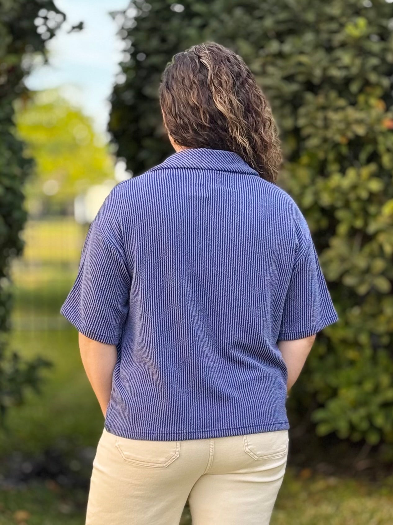 Radiantly Ribbed Collared Tee By Simply Southern - Navy