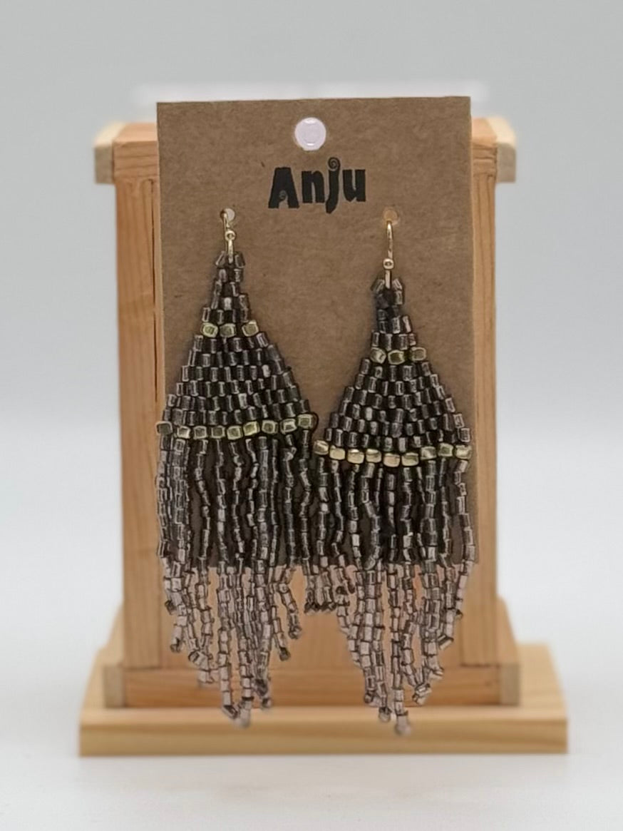 Seedbead Earrings by Anju - Seedbead Fringe - Smokey Silver