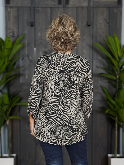 The Lizzy Top In Black Taupe Animal Print By Dear Scarlett