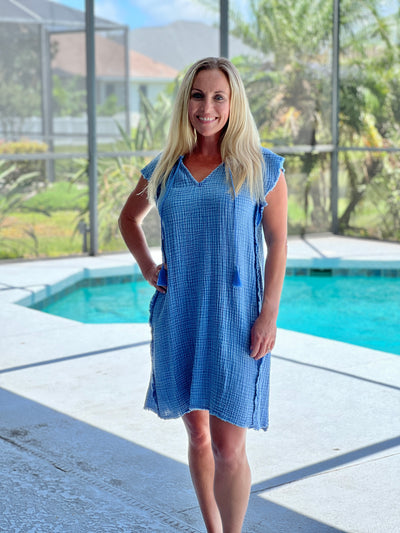 Serena Bonded Gauze Dress In Vintage Blue By Hatley