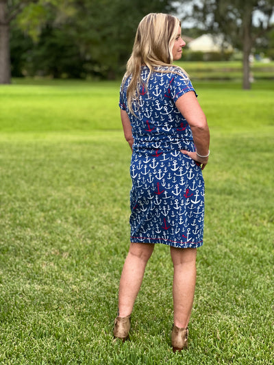 Crew Neck Tee Dress In Stacked Anchors By Capelton Road