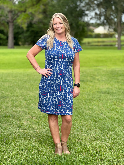 Crew Neck Tee Dress In Stacked Anchors By Capelton Road