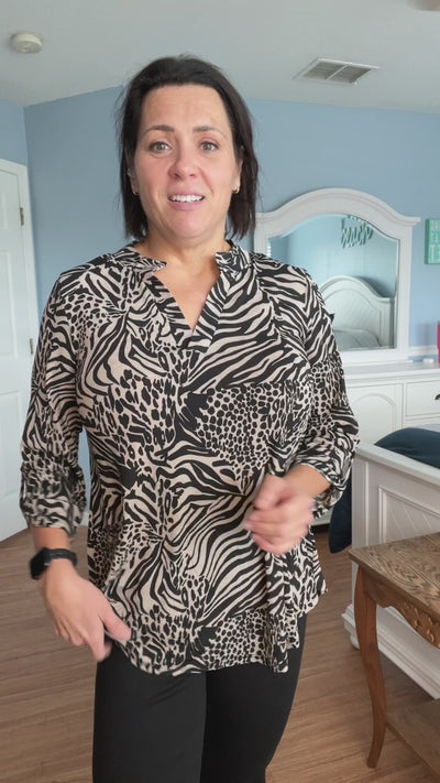 The Lizzy Top In Black Taupe Animal Print By Dear Scarlett