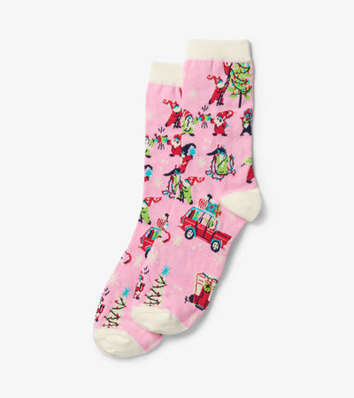 Holiday Crew Socks - Women's - Pink Gnomes For The Holiday