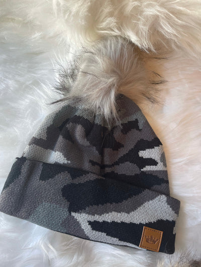 Baby It's Cold Outside Beanies - Camo With Grey Pom Pom