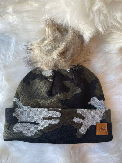 Baby It's Cold Outside Beanies - Camo With Tan Pom Pom