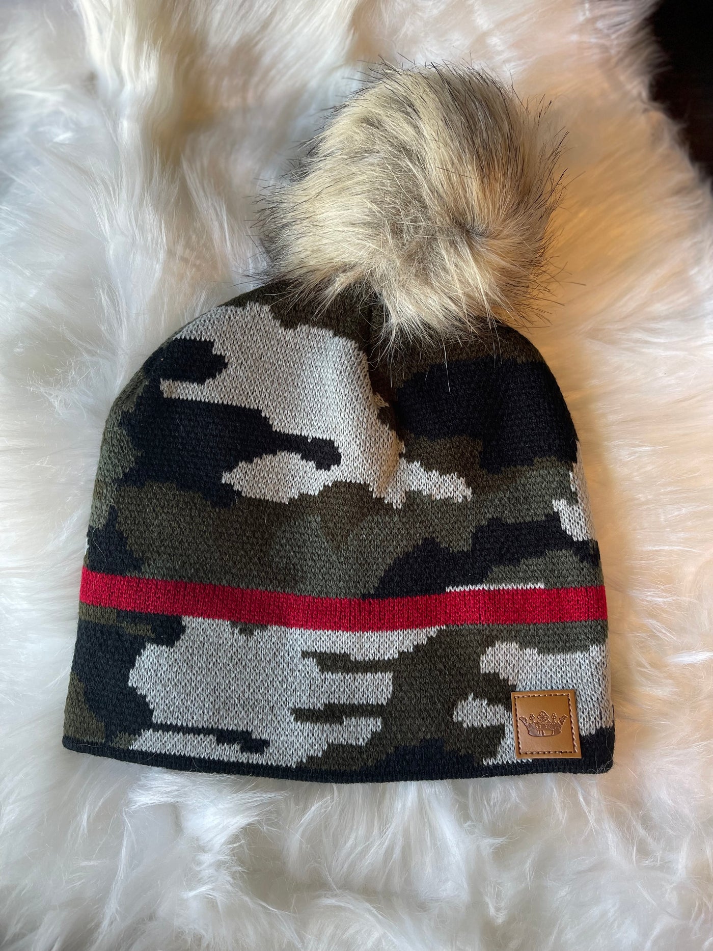 Baby It's Cold Outside Beanies - Olive Camo With Red Stripe